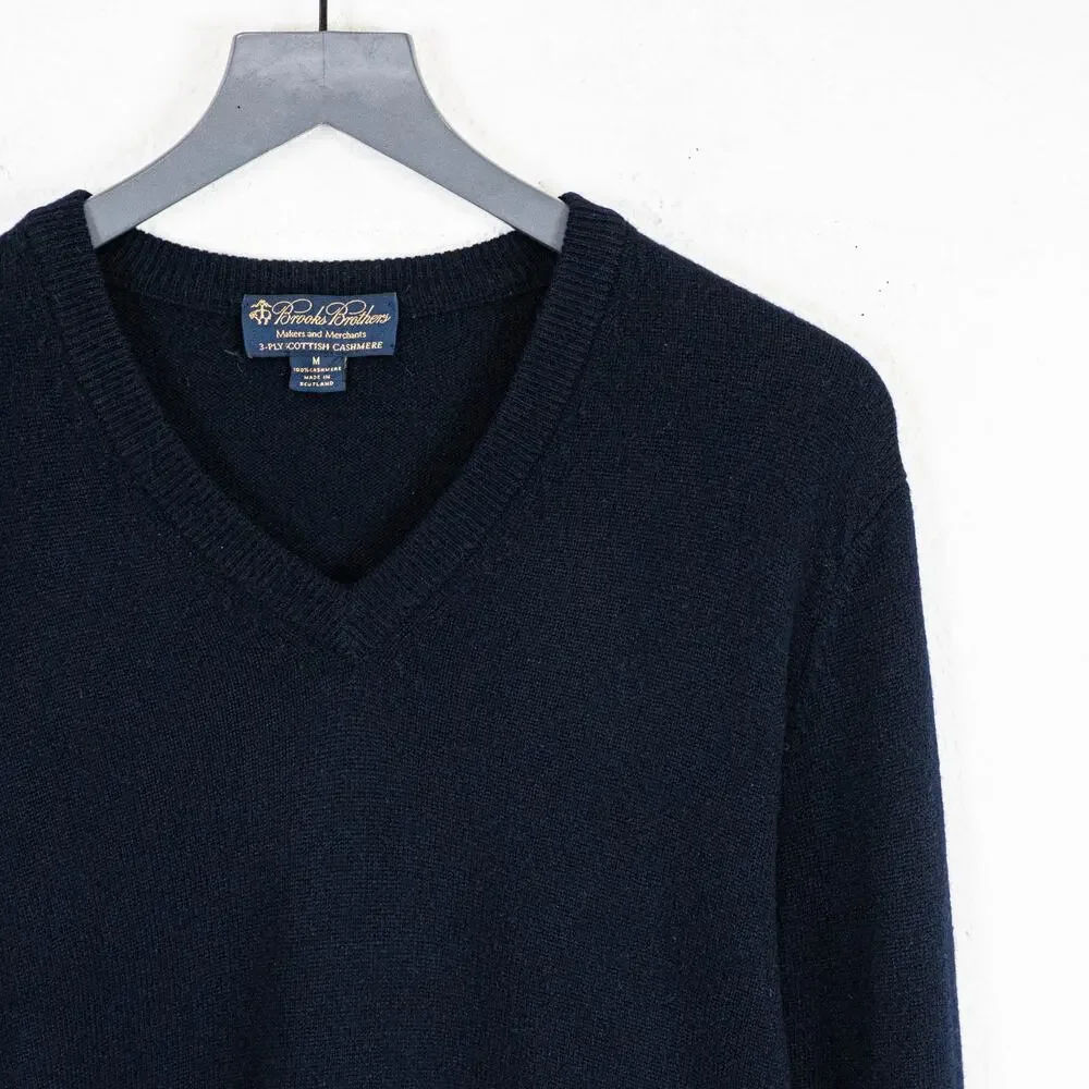 Brooks Brothers 3 Ply Scottish Cashmere Vneck Sweater Dark Navy Medium